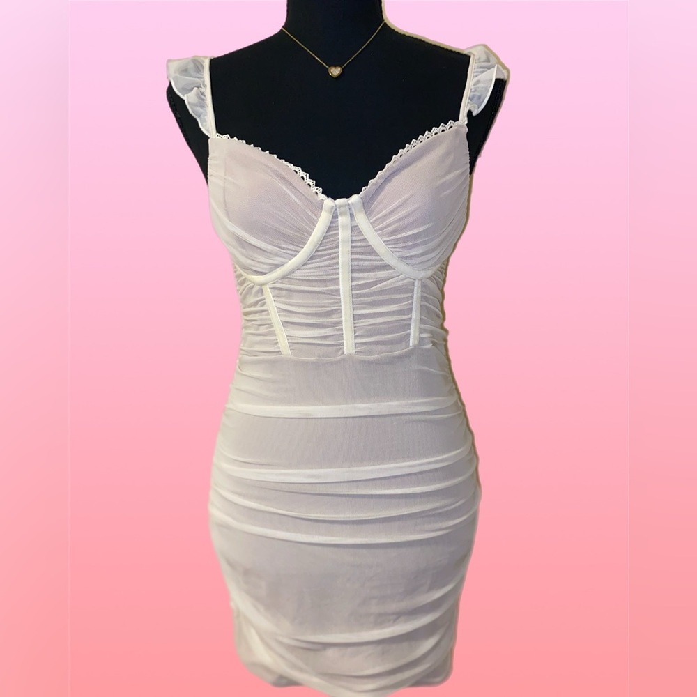 SHEIN MOD Ruffle trim RUCHED bustier Mesh Bodycon dress
